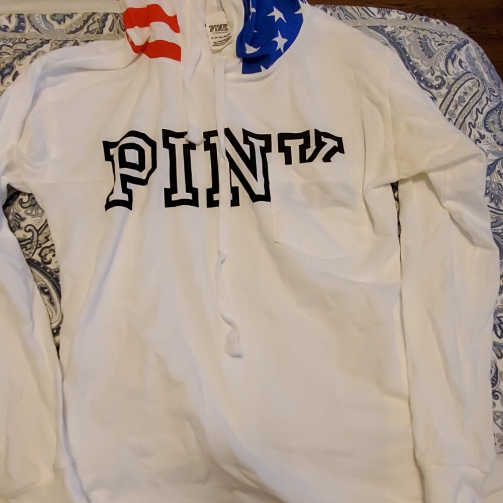 PINK Victoria's Secret White Hoodie with Red and Blue Accents